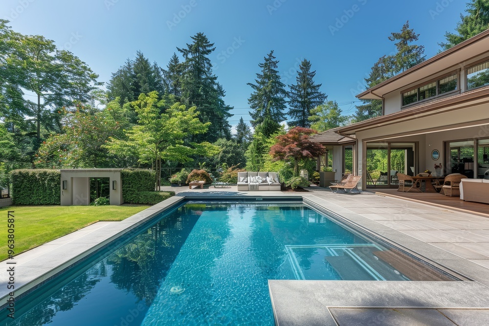 Fototapeta premium Beautiful large backyard with pool and deck in Pacific Northwest, showcasing real estate exterior and landscape under a clear blue sky.