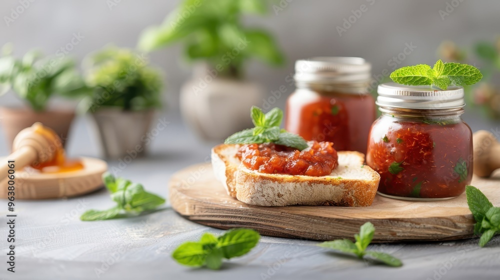Zucchini jam spread on warm toasted bread, with fresh mint leaves and a drizzle of honey around. Zucchini jam spread on warm toasted bread, with fresh mint leaves and a drizzle of honey around.