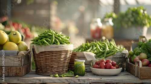 Wallpaper Mural Lively farmer's market stall showcasing jars of green bean jam, with fresh green beans and other produce around. Torontodigital.ca