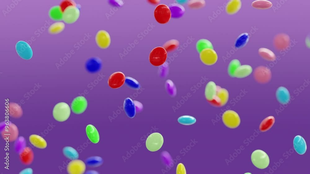 Candies falling on purple background. Seamless looping. 3D animation. Candies falling on purple background. Seamless looping. 3D animation.