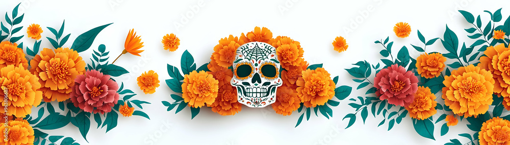 Papel Picado and Marigold Wreath Isolated Vector Illustration for Dia de Muertos Celebration - Festive Floral Design on White Background Papel Picado and Marigold Wreath Isolated Vector Illustration for Dia de Muertos Celebration - Festive Floral Design on White Background