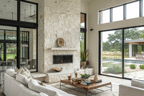 Luxury living room with fireplace, white stone wall, and black steel windows in modern style, with dining table near glass door to outdoor patio in San Romano, Texas.