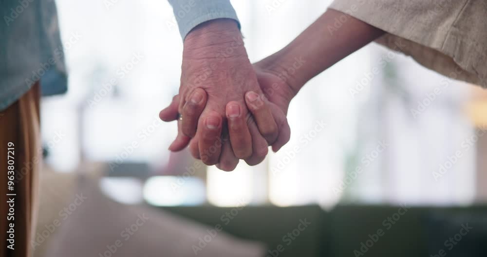 People, holding hands and support in home for love, trust and care in living room. Mature couple, romantic gesture and peace in healthy relationship for safety, security and help for stress relief People, holding hands and support in home for love, trust and care in living room. Mature couple, romantic gesture and peace in healthy relationship for safety, security and help for stress relief