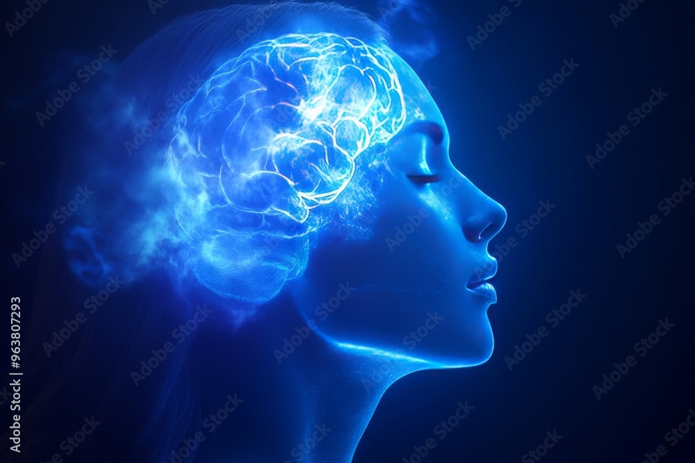 Neural oscillation psychoneuroimmunology and molecular neuroscience futuristic profile of a woman’s brain glowing in blue light symbolizing ai integration and digital consciousness Neural oscillation psychoneuroimmunology and molecular neuroscience futuristic profile of a woman’s brain glowing in blue light symbolizing ai integration and digital consciousness