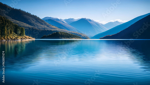 Light blue water ripples on the surface of a beautiful clear mountain lake landscape