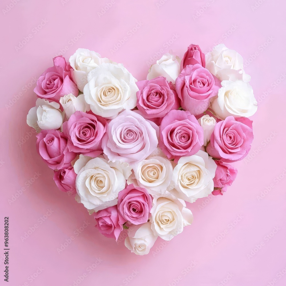 Heart Shape Made of Pink and White Roses on Pastel Background Heart Shape Made of Pink and White Roses on Pastel Background