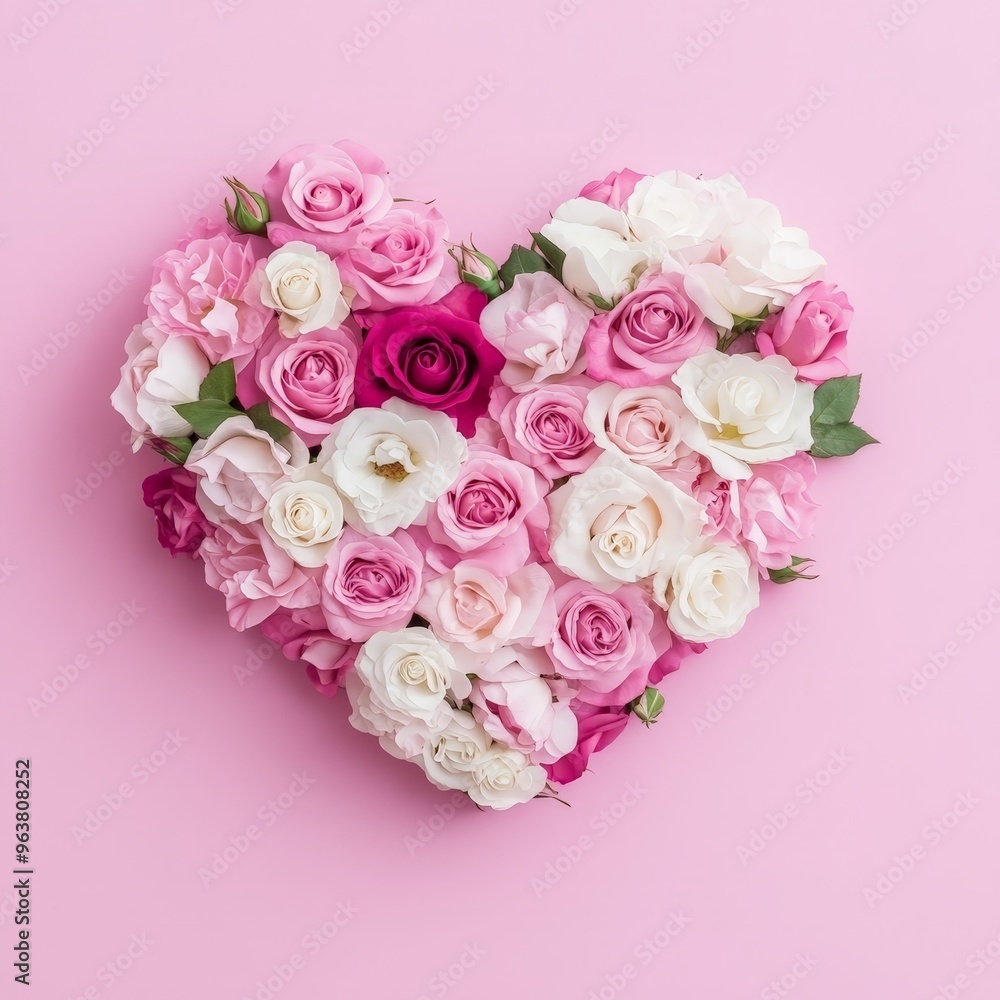 Heart Shape Made of Pink and White Roses on Pastel Background Heart Shape Made of Pink and White Roses on Pastel Background