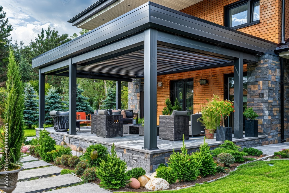 Modern grey aluminum patio cover in the backyard of a luxury house with garden furniture on a sunny day. Modern grey aluminum patio cover in the backyard of a luxury house with garden furniture on a sunny day.