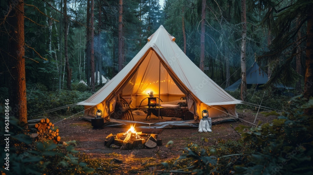 sitting in white camping tent in the forest at night with lantern lights and wood stove, it's night in the forest vibes sitting in white camping tent in the forest at night with lantern lights and wood stove, it's night in the forest vibes