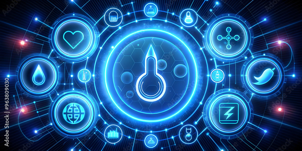 Neon Abstract Art for Diabetes Awareness Campaign: Glowing Blue Circle & Glucose Meter Symbols in Dynamic Background for World Diabetes Day Neon Abstract Art for Diabetes Awareness Campaign: Glowing Blue Circle & Glucose Meter Symbols in Dynamic Background for World Diabetes Day