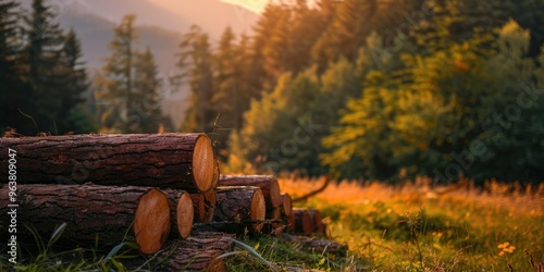 Fototapeta Naklejka Na Ścianę i Meble -  Timber remnants in a field adjacent to a broadleaf woodland following forest logging activities.