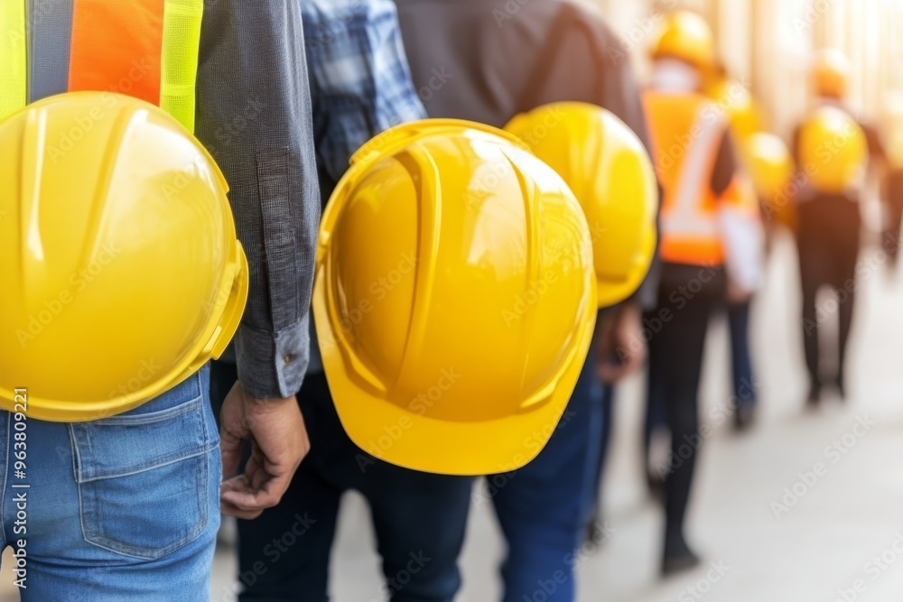 Construction Workers In Line Wearing Yellow Hard Hats Construction Workers In Line Wearing Yellow Hard Hats