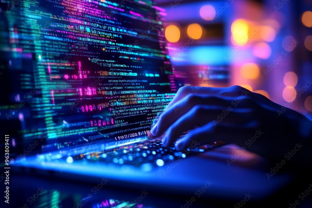 Close-up of Hands Typing Code on a Laptop with a Blue and Purple Screen Close-up of Hands Typing Code on a Laptop with a Blue and Purple Screen
