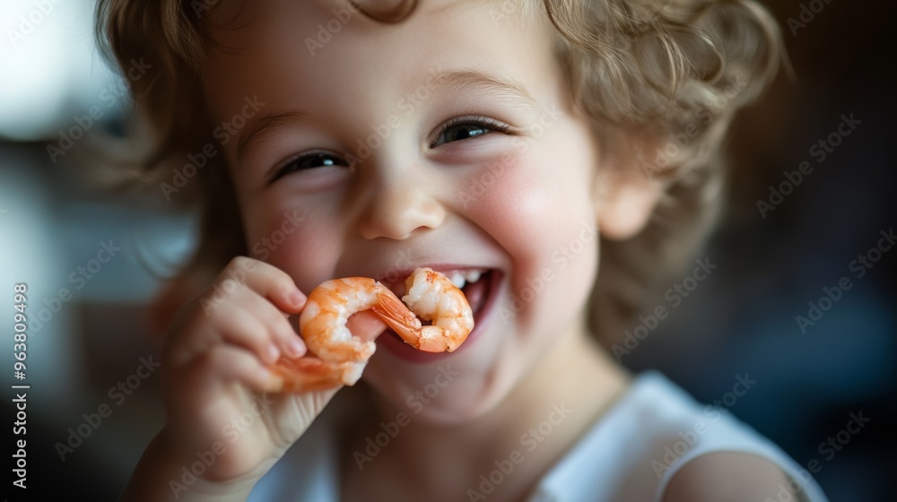 Close-up of a child tasting shrimp for the first time, joyful family moment. Close-up of a child tasting shrimp for the first time, joyful family moment.