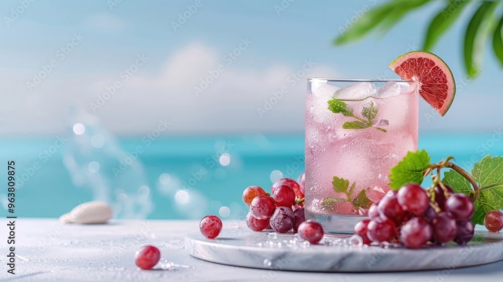 Refreshing grape juice with grape slice, bright summer table, clear blue sky backdrop. Refreshing grape juice with grape slice, bright summer table, clear blue sky backdrop.