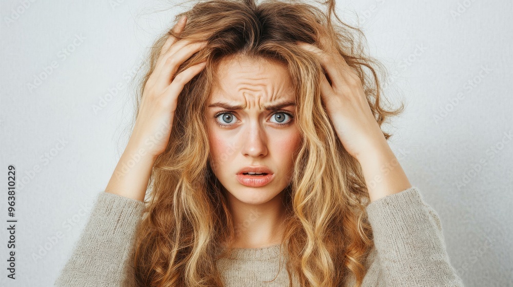 Woman experiencing intense headache, with visible pain point on her forehead, representing migraine or stress. Woman experiencing intense headache, with visible pain point on her forehead, representing migraine or stress.