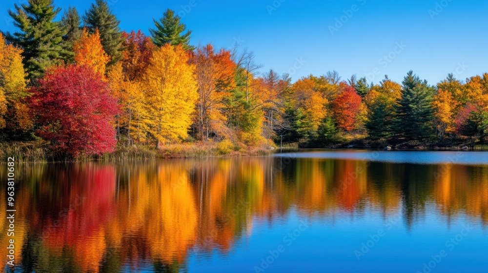 Colorful foliage tree reflections in calm pond water on a beautiful autumn day Colorful foliage tree reflections in calm pond water on a beautiful autumn day