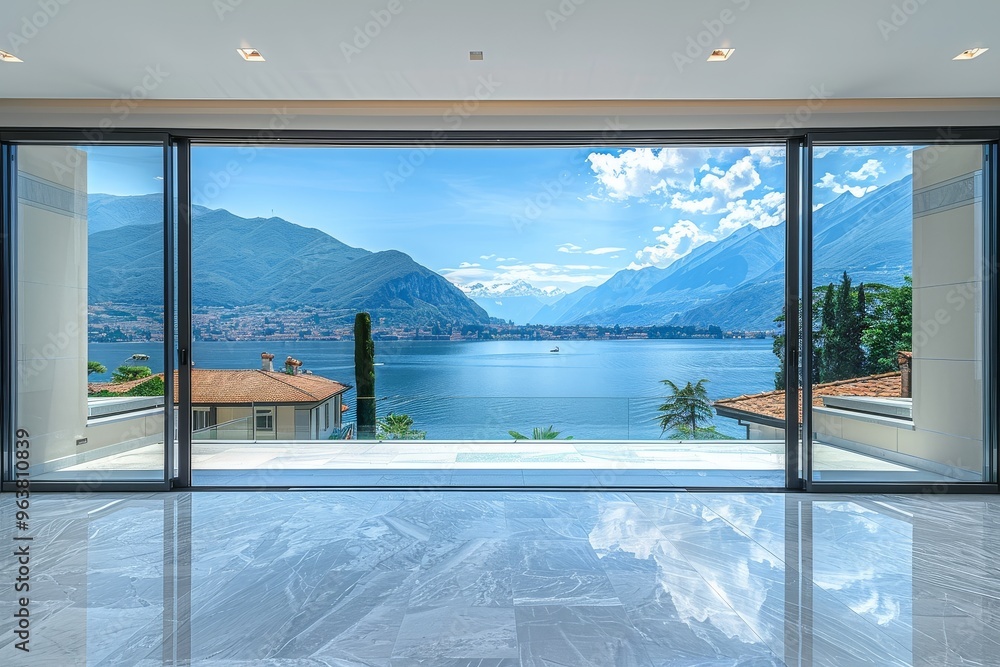 Fototapeta premium Modern luxury home with large balcony overlooking Lake Como in Italy, glass sliding doors, marble floor, and mountain view.