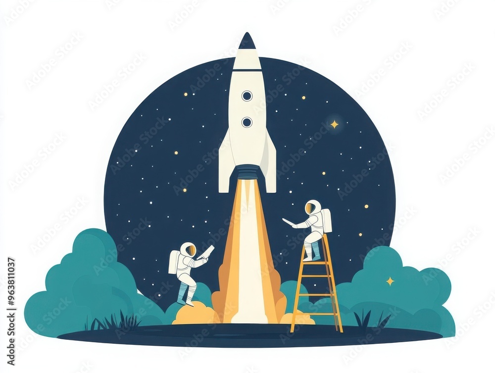 Illustration of astronauts launching a rocket into outer space with a starry night sky backdrop, depicting adventure and exploration. Illustration of astronauts launching a rocket into outer space with a starry night sky backdrop, depicting adventure and exploration.
