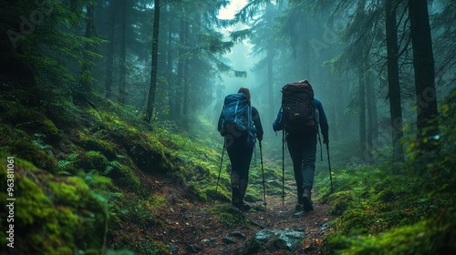 A hiking couple with backpacks walks through the forest