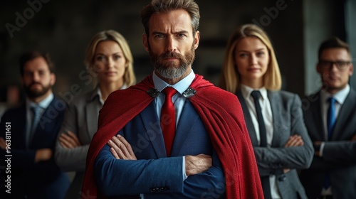 Confident Businessman Wearing Red Superhero Cape and Blue Suit Standing with Crossed Arms in an Office, Surrounded by Business Team in Formal Attire, Dark Gray Background