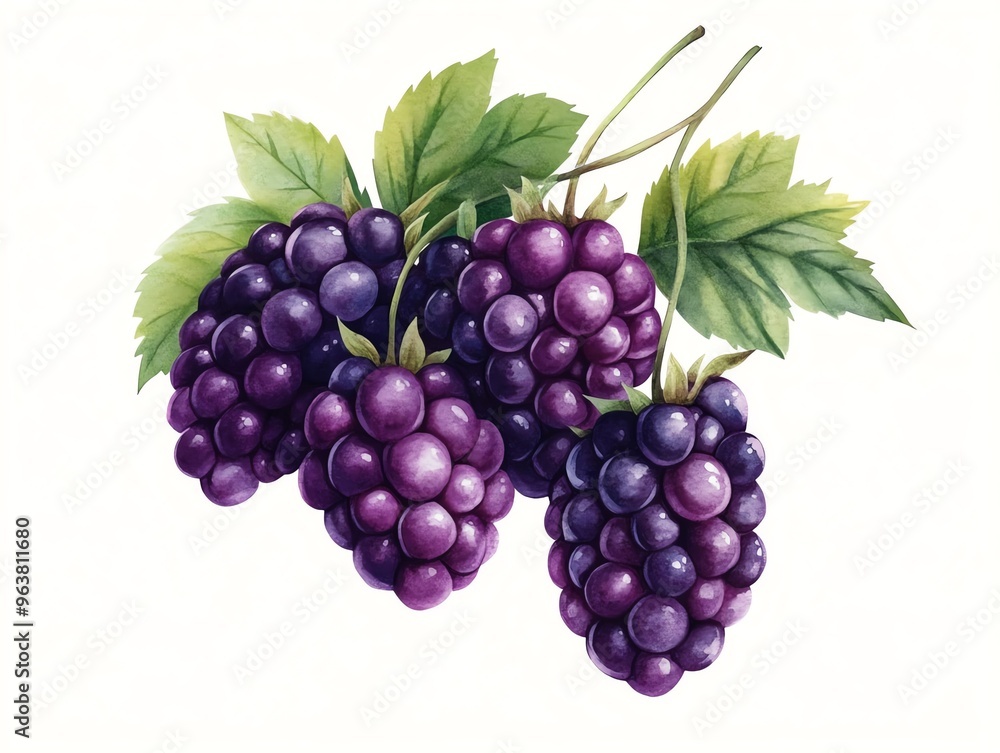 Fototapeta premium Blackberries clipart, fruit element, watercolor illustration, defined outlines, dark purple, isolated on white background