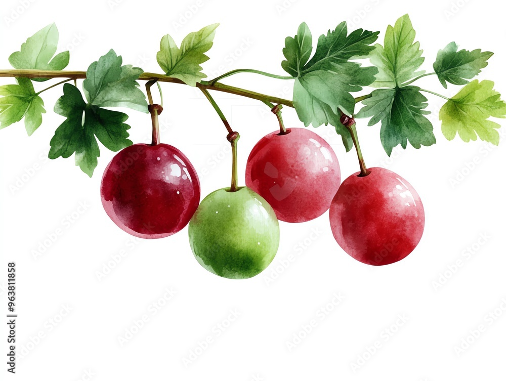 Obraz premium Gooseberries clipart, fruit element, watercolor illustration, crisp outlines, green and pink, isolated on white background