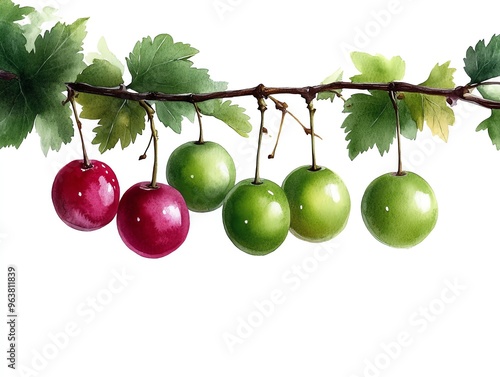 Gooseberries clipart, fruit element, watercolor illustration, crisp outlines, green and pink, isolated on white background