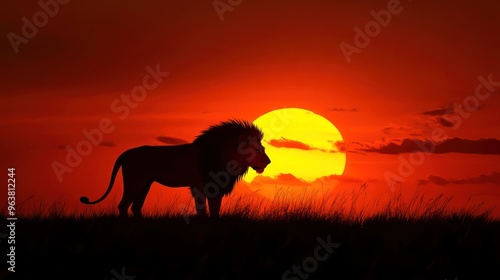 landscape at sunset with silhouette of a big adult lion