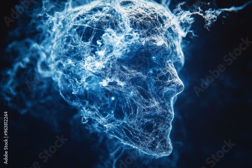 Hippocampal formation synaptic homeostasis and substantia nigra pensive young man surrounded by glowing blue neural structures symbolizing deep thought and cognitive processing photo