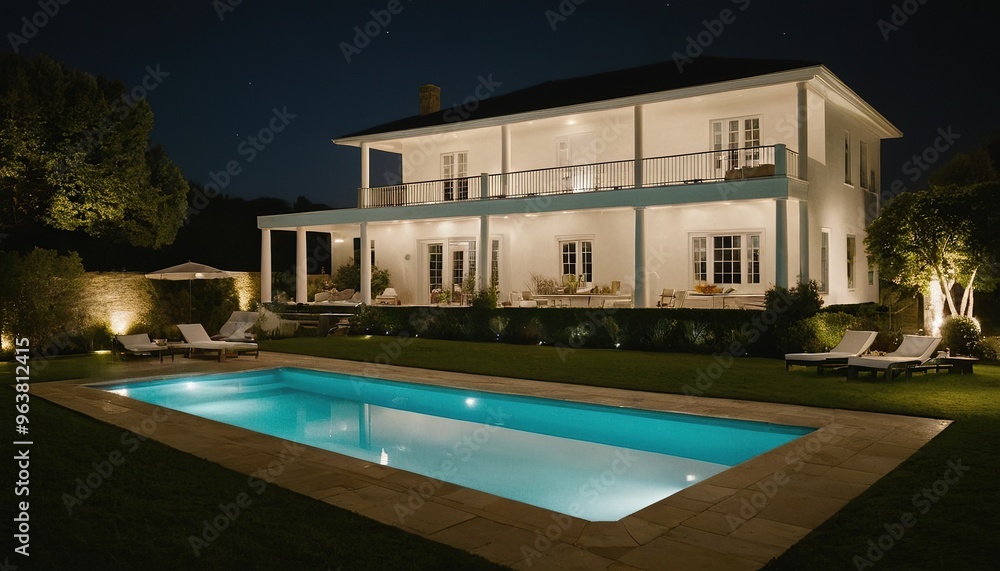 Fototapeta premium Luxury pool villa spectacular contemporary design digital art real estate home house and property background 12