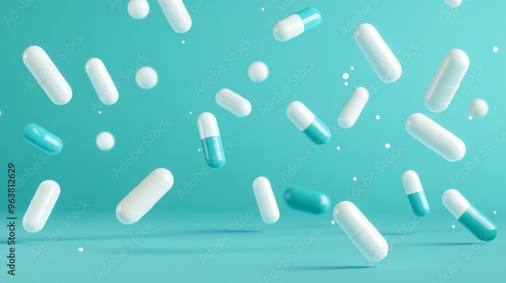 White and Teal Blue Pills Falling on a Light Blue Background White and Teal Blue Pills Falling on a Light Blue Background