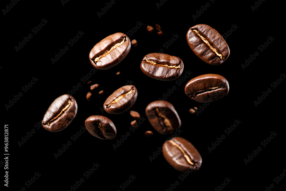 Close-up of roasted coffee beans falling against a black background. Close-up of roasted coffee beans falling against a black background.