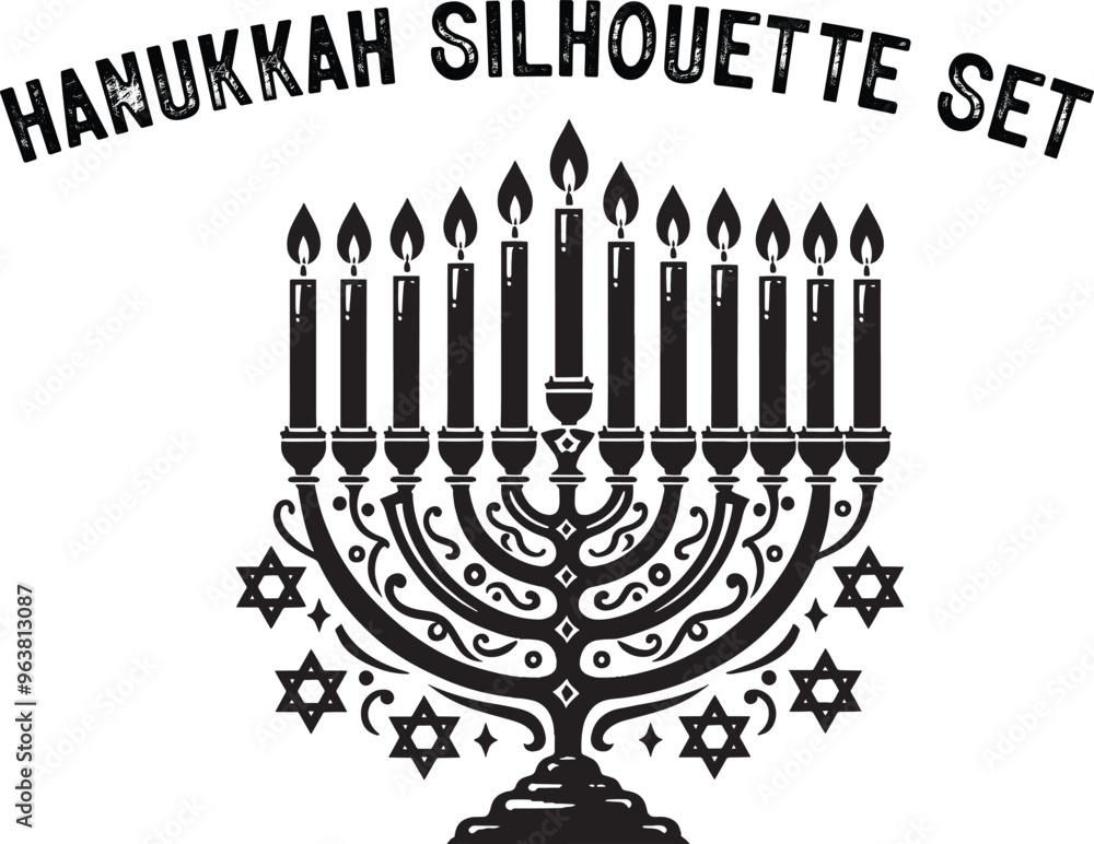 Obraz premium Menorah Silhouette. Candlesticks silhouette, Hanukkah set. Black and white isolated vector illustration. lack silhouette of chanukiah set hanukkah, hanukkah, menorah and lights ceremony silhouette. 