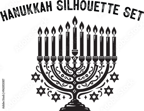 
Menorah Silhouette. Candlesticks silhouette, Hanukkah set. Black and white isolated vector illustration. lack silhouette of chanukiah set hanukkah, hanukkah, menorah and lights ceremony silhouette. 