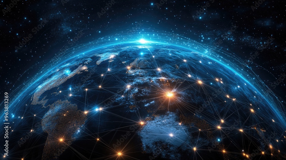 World with digital trade routes and nodes, network connection, international trading World with digital trade routes and nodes, network connection, international trading
