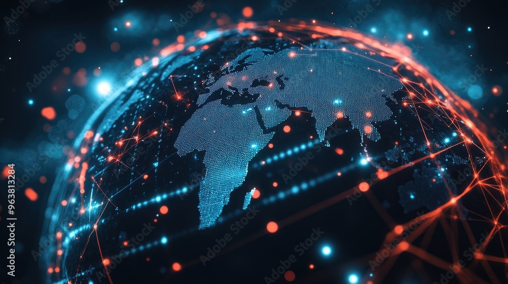 Obraz premium World with digital trade routes and nodes, network connection, international trading