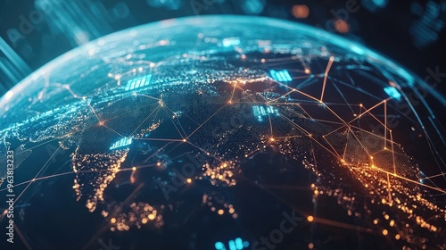 World with digital trade routes and nodes, network connection, international trading