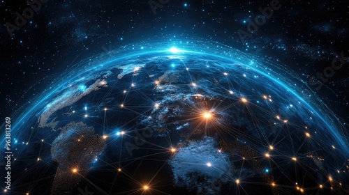 World with digital trade routes and nodes, network connection, international trading