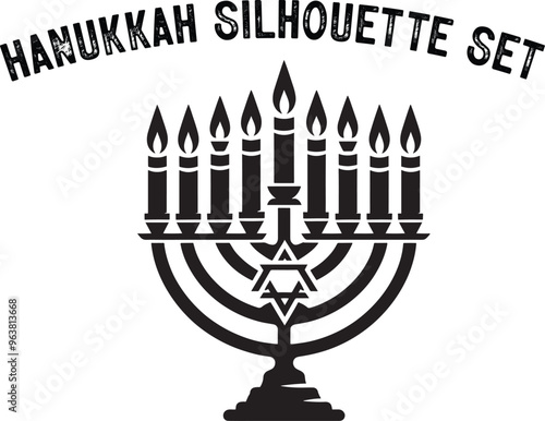
Menorah Silhouette. Candlesticks silhouette, Hanukkah set. Black and white isolated vector illustration. lack silhouette of chanukiah set hanukkah, hanukkah, menorah and lights ceremony silhouette. 