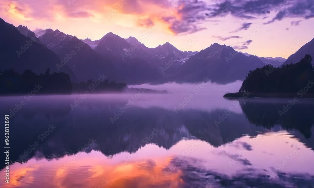 Serene Sunrise over a Misty Lake and Majestic Mountains Serene Sunrise over a Misty Lake and Majestic Mountains