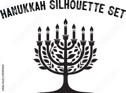
Menorah Silhouette. Candlesticks silhouette, Hanukkah set. Black and white isolated vector illustration. lack silhouette of chanukiah set hanukkah, hanukkah, menorah and lights ceremony silhouette. 