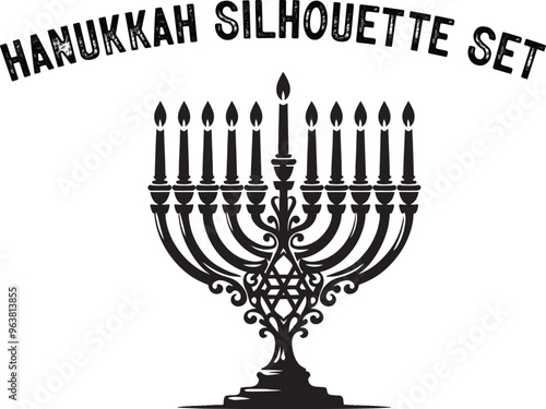 
Menorah Silhouette. Candlesticks silhouette, Hanukkah set. Black and white isolated vector illustration. lack silhouette of chanukiah set hanukkah, hanukkah, menorah and lights ceremony silhouette. 
