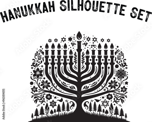 
Menorah Silhouette. Candlesticks silhouette, Hanukkah set. Black and white isolated vector illustration. lack silhouette of chanukiah set hanukkah, hanukkah, menorah and lights ceremony silhouette. 
