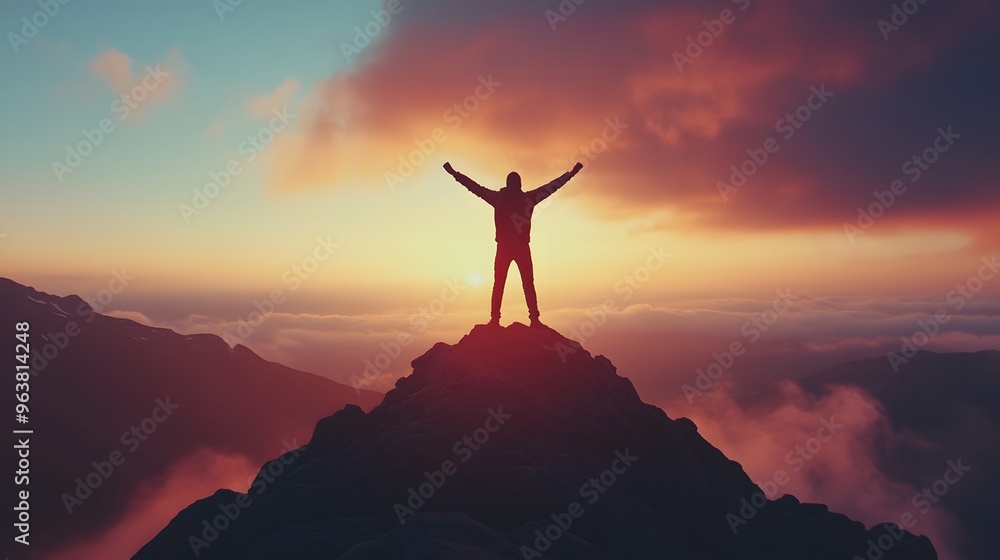 75. A person standing on a mountaintop, victorious expression 75. A person standing on a mountaintop, victorious expression