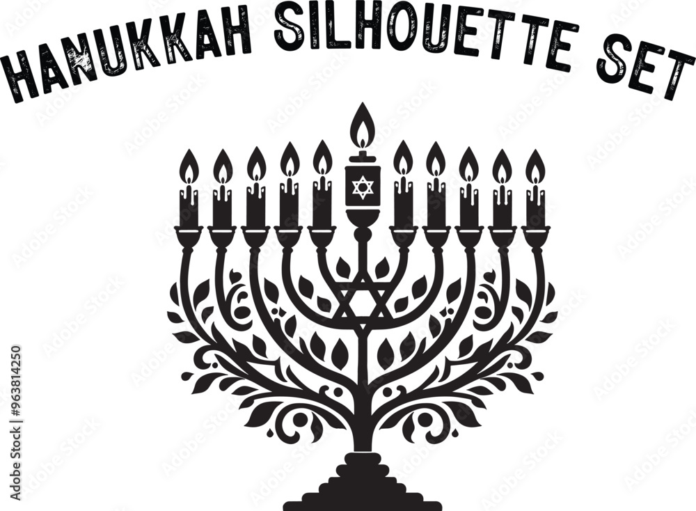 Obraz premium Menorah Silhouette. Candlesticks silhouette, Hanukkah set. Black and white isolated vector illustration. lack silhouette of chanukiah set hanukkah, hanukkah, menorah and lights ceremony silhouette. 