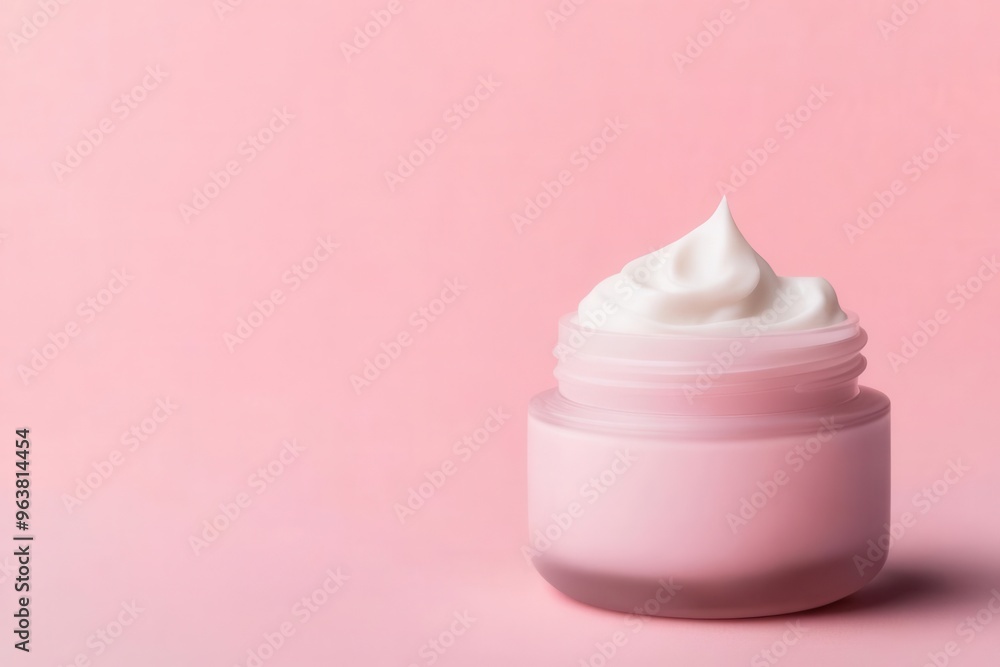 A beautifully lit pink cosmetic cream jar on a matching pink background, perfect for skincare and beauty product designs. A beautifully lit pink cosmetic cream jar on a matching pink background, perfect for skincare and beauty product designs.