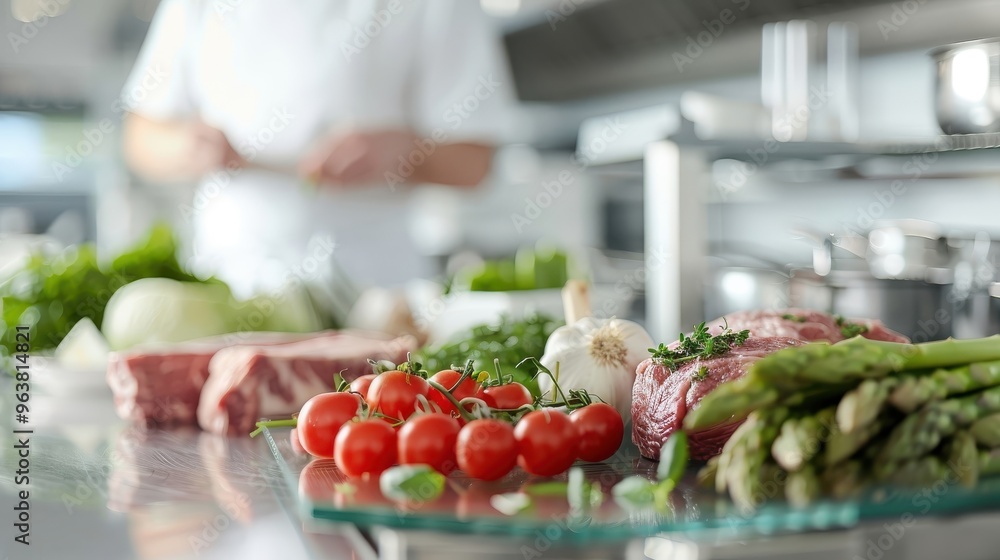 A5 beef cuts on a glass platter with fresh vegetables and herbs, bright dining area setting. A5 beef cuts on a glass platter with fresh vegetables and herbs, bright dining area setting.