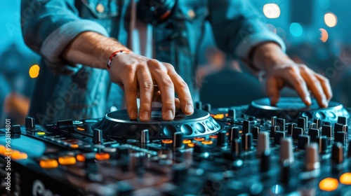 A DJ mixing tracks at a vibrant party, musical theme, front view, lively and energetic, cybernetic tone, Tetradic color scheme