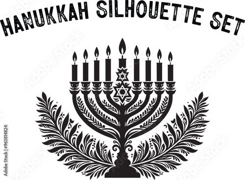 
Menorah Silhouette. Candlesticks silhouette, Hanukkah set. Black and white isolated vector illustration. lack silhouette of chanukiah set hanukkah, hanukkah, menorah and lights ceremony silhouette. 